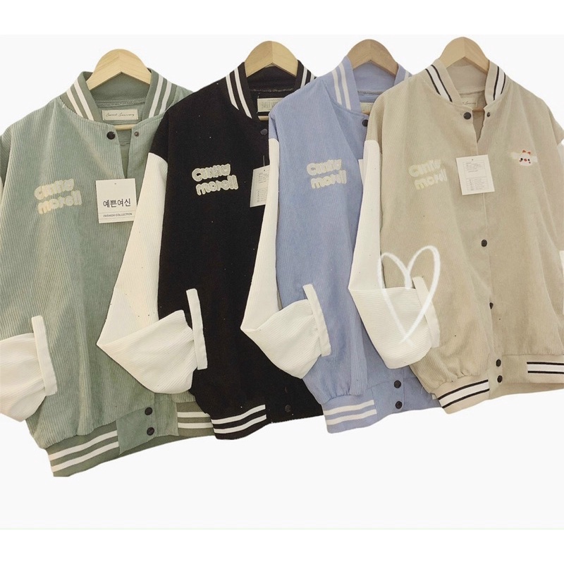 Áo khoác bomber form rộng chất vải nhung tăm cao cấp thêu logo mây