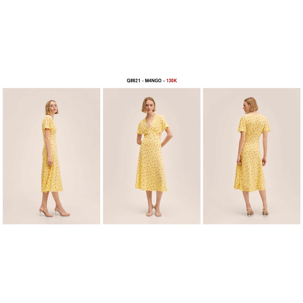 Q8621 - Đầm thun xòe Mango cổ tim tay liền in hoa lá