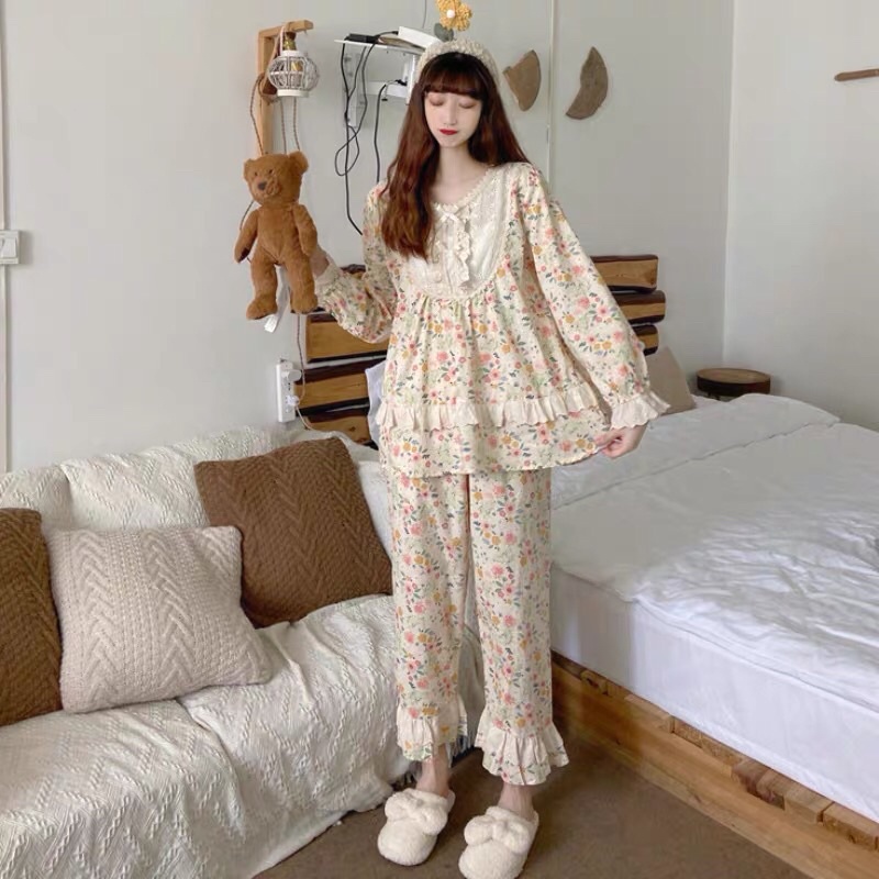 Set bộ mặc nhà hoa nhí vàng phối ren tiểu thư quảng châu