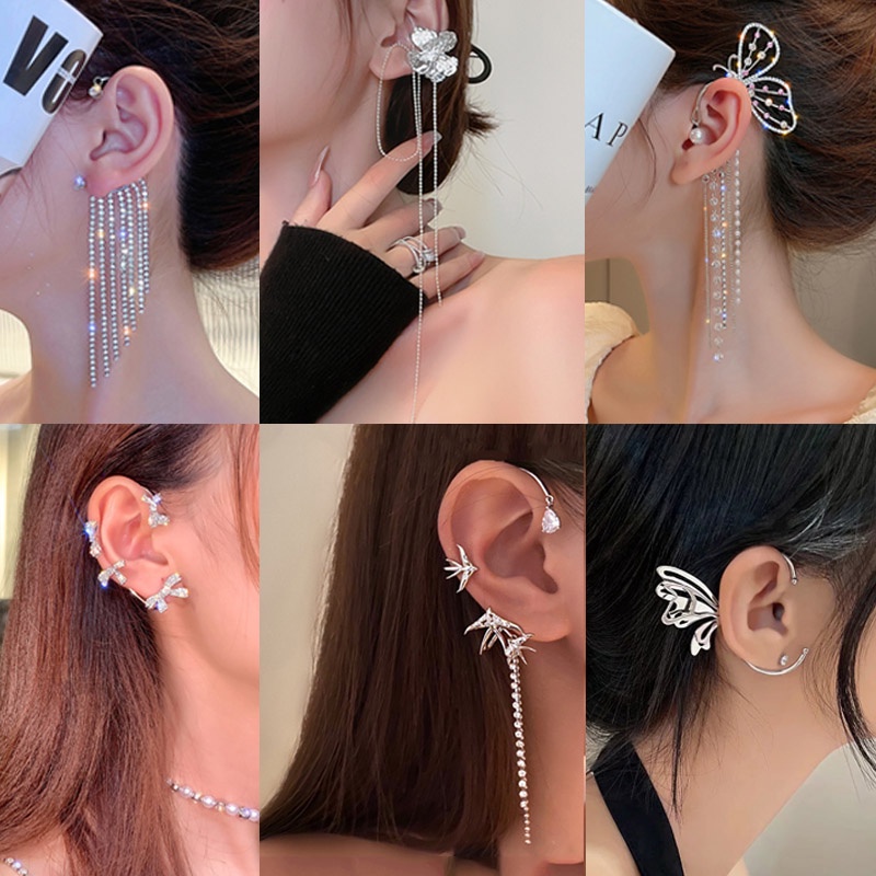 Bông tai dáng dài hình bướm đính đá phối tua rua phong cách sang trọng