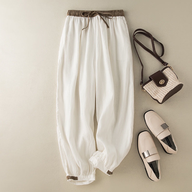 Quần Harem Cotton Lanh Mỏng Lưng Thun Cột Dây Phối Màu Mới 2022 Thời Trang Mùa Hè Cho Nữ
