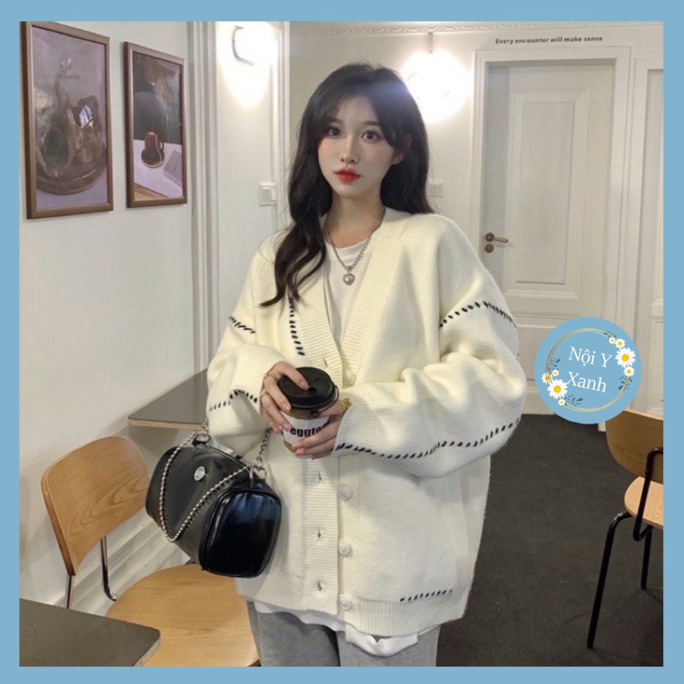 áo khoác len cardigan trắng phối viền kẻ sọc đen chất len đẹp QCCC dáng rộng phong thái korea noiyxanh hot trend, ph