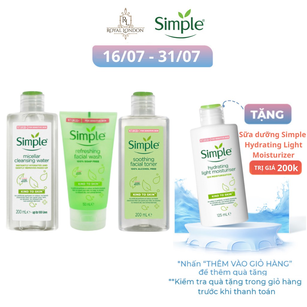 Combo Da Sạch Sâu SIMPLE Nước Tẩy Trang Micellar 200ml + Sữa Rửa Mặt Refreshing 150ml + Toner 200ml