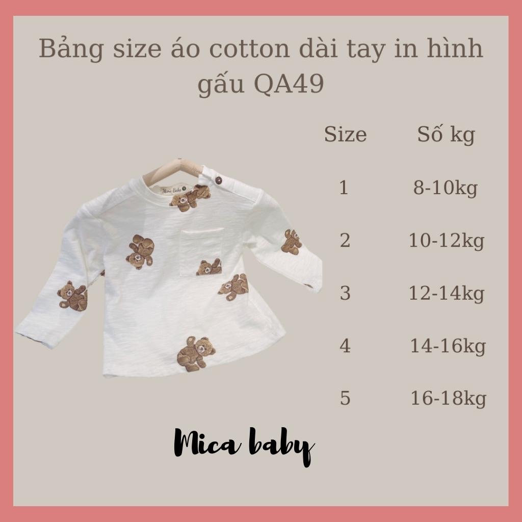 Áo phông dài tay thu đông cho bé chất cotton in hình gấu QA49, áo thun phối túi ngực cho bé Mica Baby