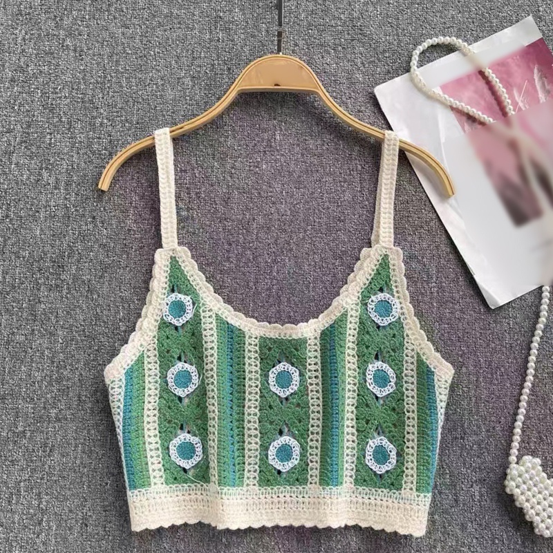 Áo Croptop Hai Dây Dệt Kim Khoét Rỗng Thêu Họa Tiết Thời Trang Mùa Hè Cho Nữ