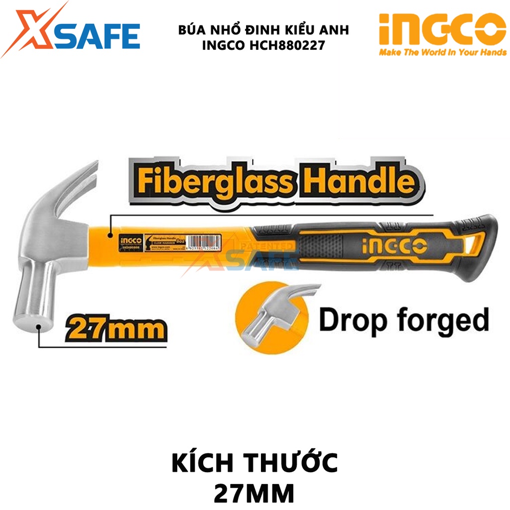 Búa cầm tay INGCO HCH880227 Búa nhổ đinh kiểu anh thép cacbon, kích thước 27mm, đầu búa được rèn khuôn - [XSAFE]