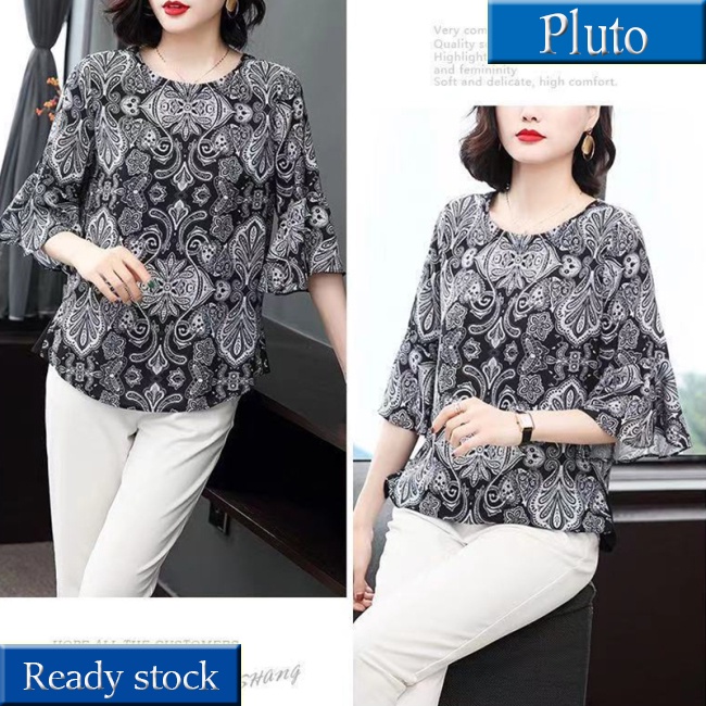 MỚI Áo thun nữ cổ thuyền tay loe in họa tiết cổ điển