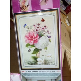 tranh đính đá bình hoa ffooi thiên nga an nhiên hạnh phúc kt 50x70cm
