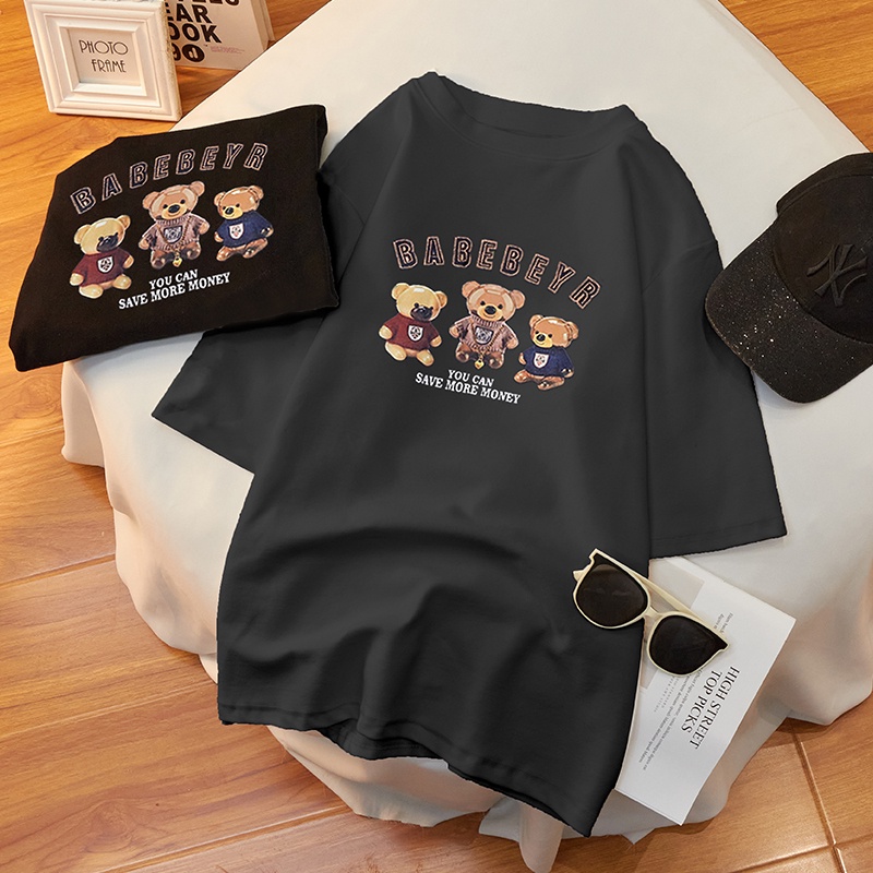 NRVP Áo thun cổ tròn ngắn tay in hình gấu thời trang mùa hè Hàn Quốc 2022 dành cho nữ