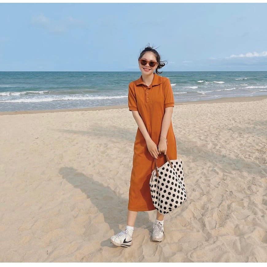Đầm Nữ Maxi Cam Đất Cổ Bẻ Polo Dáng Suông