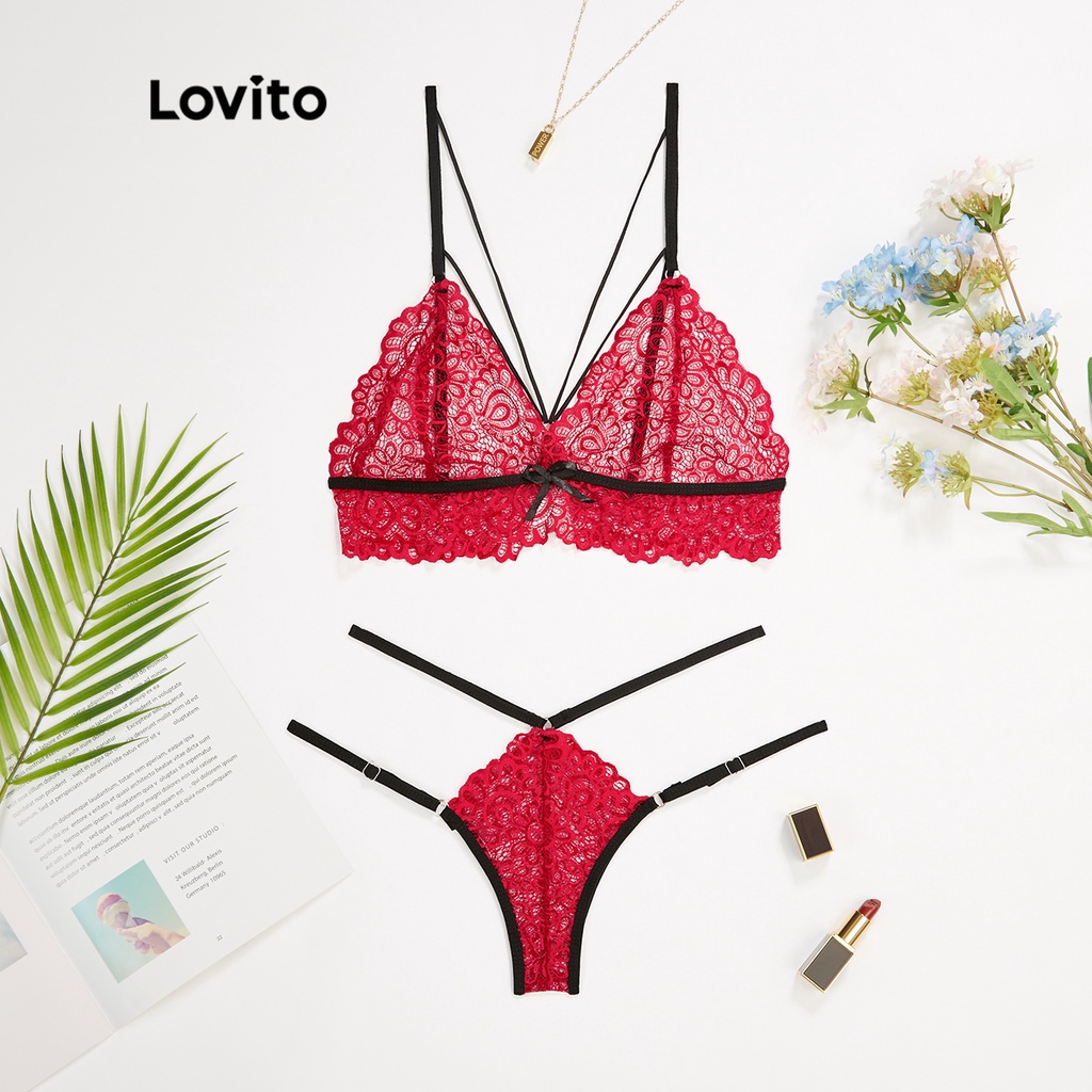 Đồ lót ren Lovito ghép nối màu sắc đan chéo không có miếng đệm quyến rũ L17X615 (Đỏ) | BigBuy360 - bigbuy360.vn