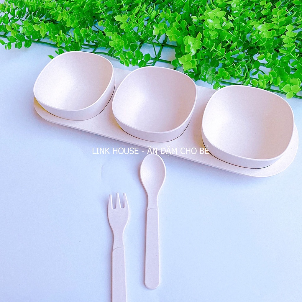 Khay Ăn Dặm Cho Bé Sợi Tre Gồm 5 chi tiết Khay Ba Ngăn, Bát Và Thìa, Dĩa