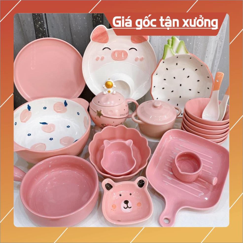 Giá Siêu Rẻ Bộ Chén Sứ Bát Ăn Cơm Bộ Bát Đĩa Decor Chén Dĩa Sứ Hồng Dễ Thương sét heo hồng 20 món