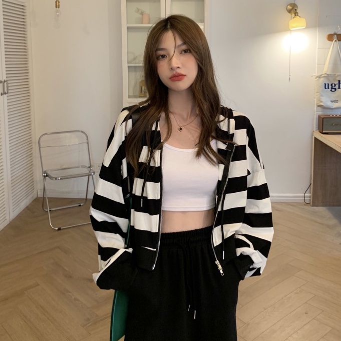 Áo Khoác Hoodie Dáng Rộng Kẻ Sọc Phối Khóa Kéo Đôi Thời Trang Hàn Quốc 2 Màu Tùy Chọn