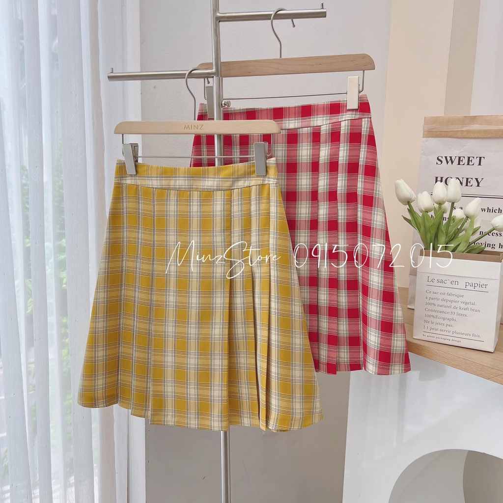 Chân Váy Công Sở Nữ MINZ STORE Dáng A, Xếp Ly 2 Bên, Hoạ Tiết Kẻ