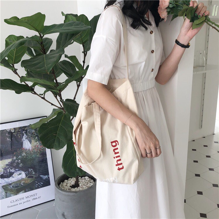 Túi tote vải canvas cao cấp TEMPORARY phong cách Hàn Quốc có ngăn phụ nhỏ bên trong tiện dụng
