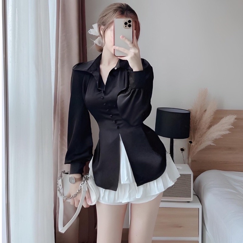 Áo Sơ Mi Kiểu Tiểu Thư Chất Liệu Lụa Mát Cúc Bọc Sang Chảnh Buộc Nơ Lưng