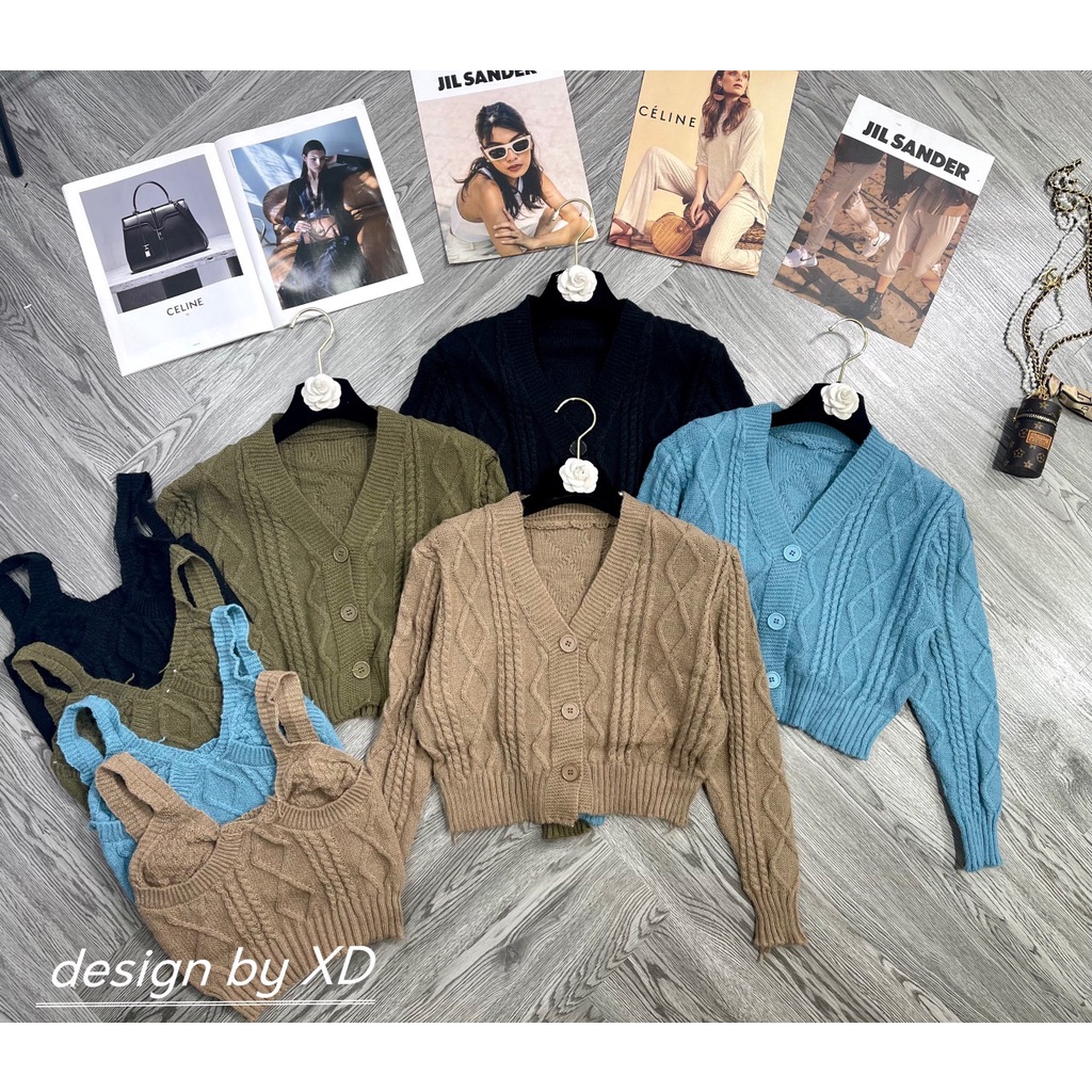 Set áo cardigan len gân thừng áo 2 dây hot hàng QC