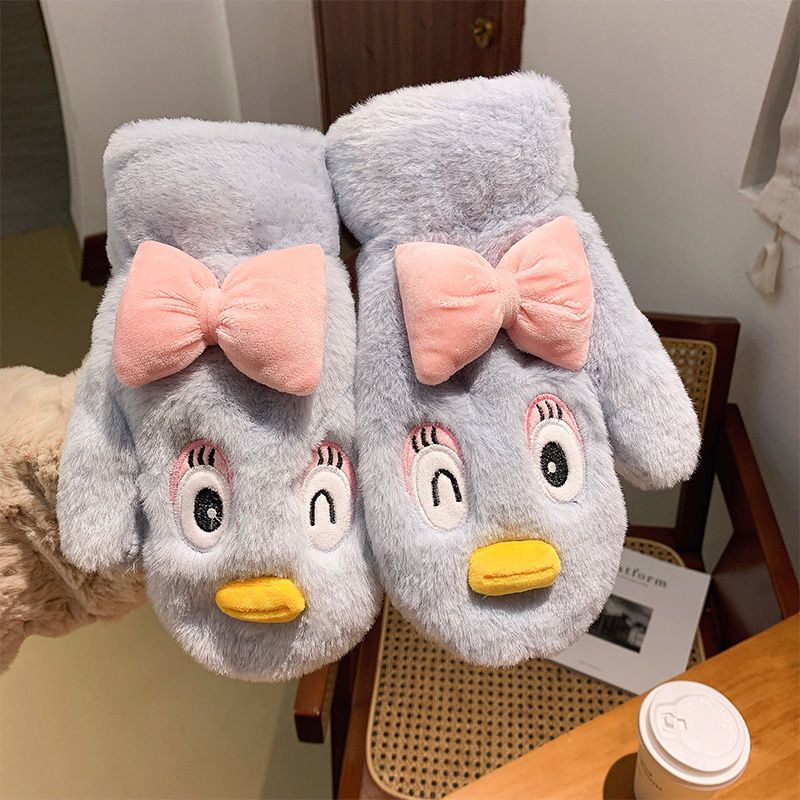 Găng Tay Lông Xù Dày Dặn Ấm Áp Họa Tiết Hoạt Hình Dễ Thương Phong Cách Hàn Quốc Cho Nữ