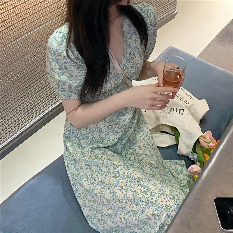 Đầm chiết eo in hoa thời trang mùa hè Pháp dành cho nữ