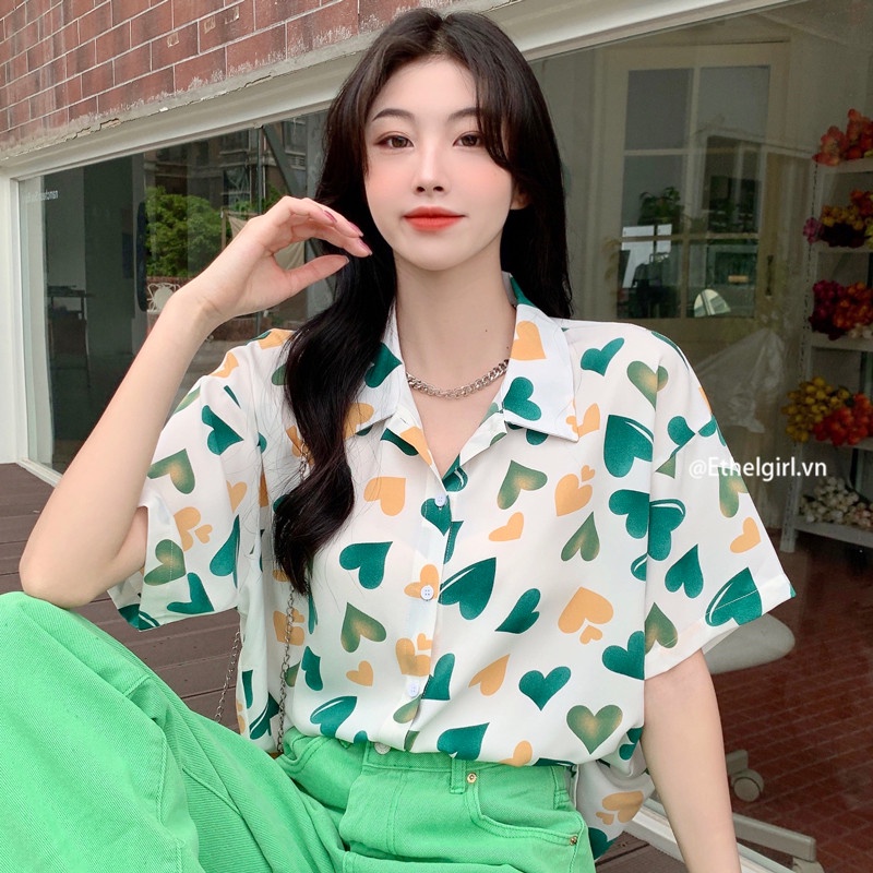 Áo Sơ Mi Tay Ngắn Cổ Polo Dáng Rộng In Họa Tiết Trái Tim Kiểu Vintage Hàn Quốc Cho Nữ
