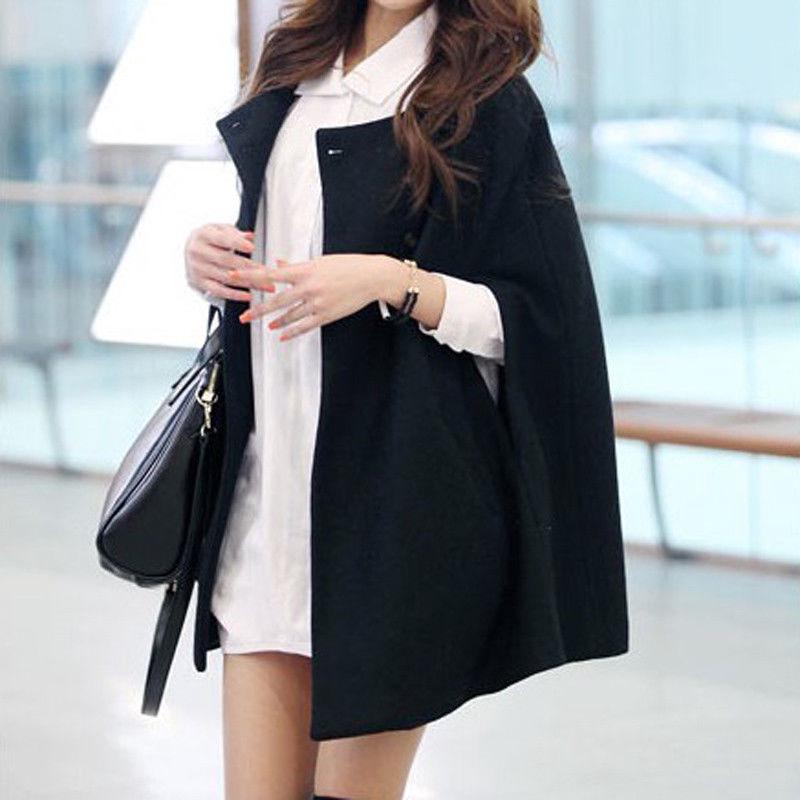 Korean Women Casual Batwing Wool Poncho Winter Warm Coat Jacket Cloak Cape Parka