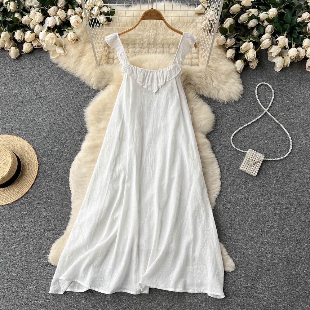 Váy LUHAZO trắng đi biển đẹp trễ vai maxi 2 dây dài rộng bigsize vintage babydoll hở lưng 1092 DK14T301