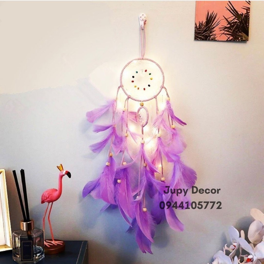 [SẴN + 🎁TẶNG ĐÈN ĐOM ĐÓM ] Dreamcatcher đính lông vũ màu xanh pastel trang trí phòng ngủ cực xinh (Chuông gió lông vũ)