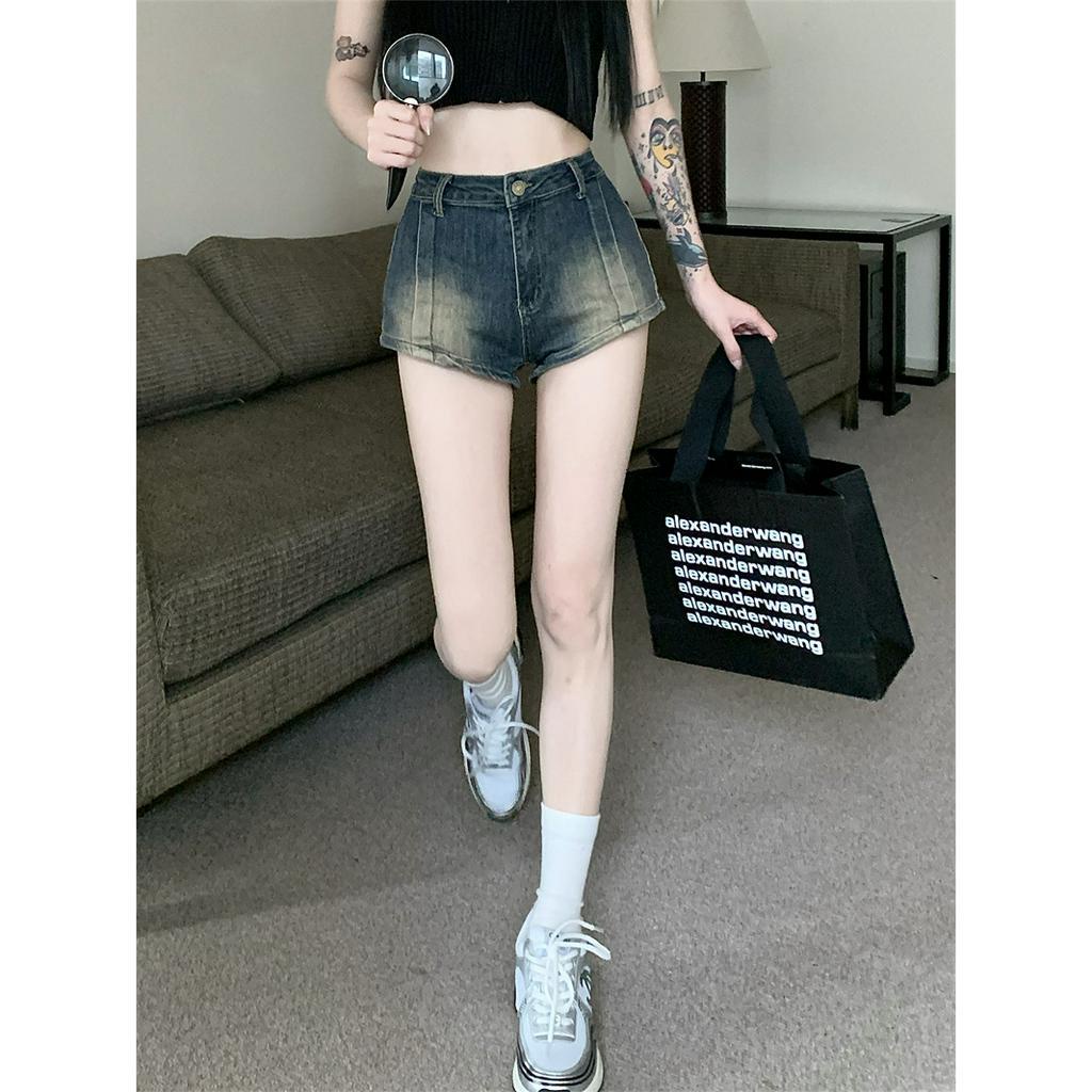 Ethelgirl Quần Short Denim Lưng Cao Co Giãn Phong Cách Vintage Đường Phố Mỹ Cho Nữ