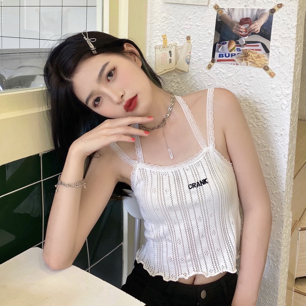 Áo croptop 2 dây ren ôm body thêu chữ CRANK chất liệu dệt kim cao cấp -ACN26 nội y xanh chất cực đẹp, sang chảnh, đồ lót