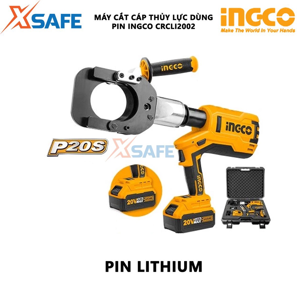 Máy cắt cáp thủy lực dùng pin INGCO CRCLI2002 20V, đường kính cắt tối đa 85mm, lực cắt 60KN, kèm 2 pin Lithium 20V/4.0Ah