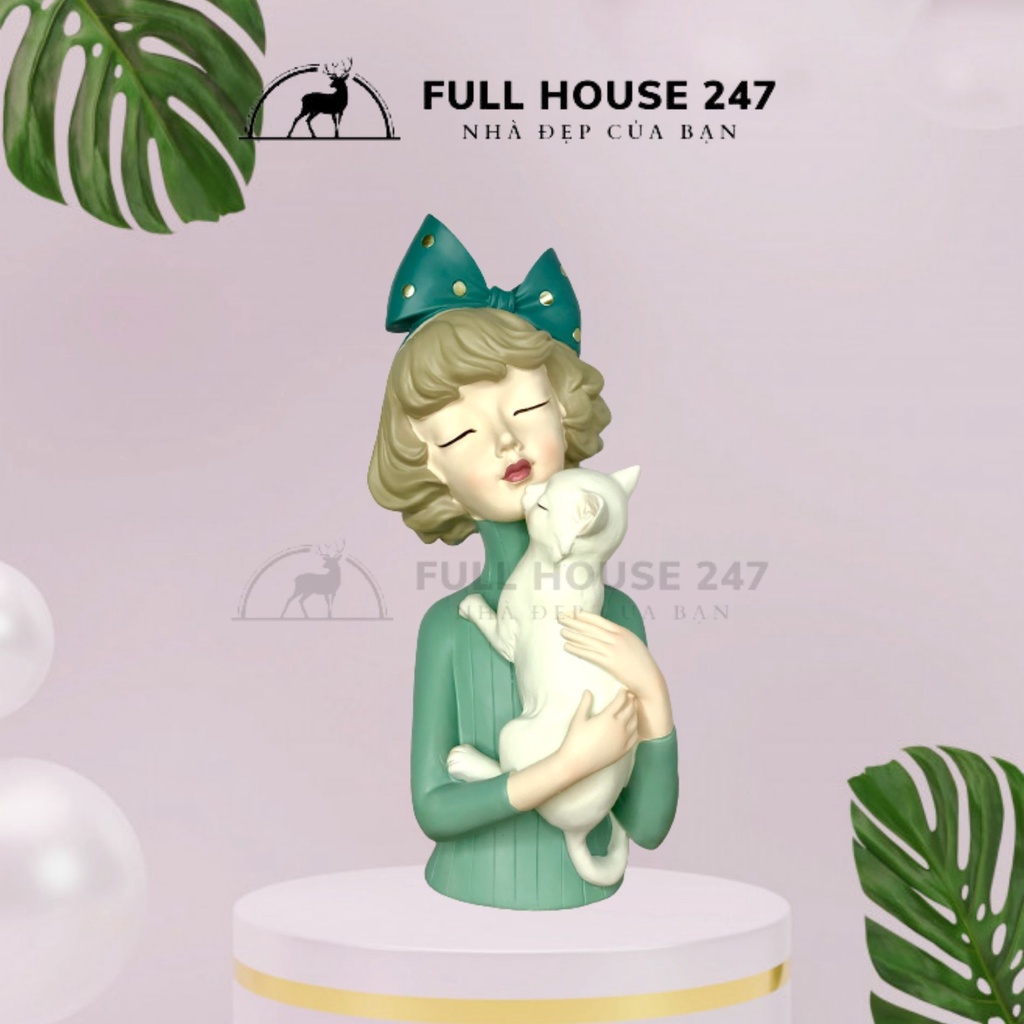 Tượng decor cô gái ôm mèo phong cách Châu Âu để bàn trang trí nhà cửa quà tặng cao cấp