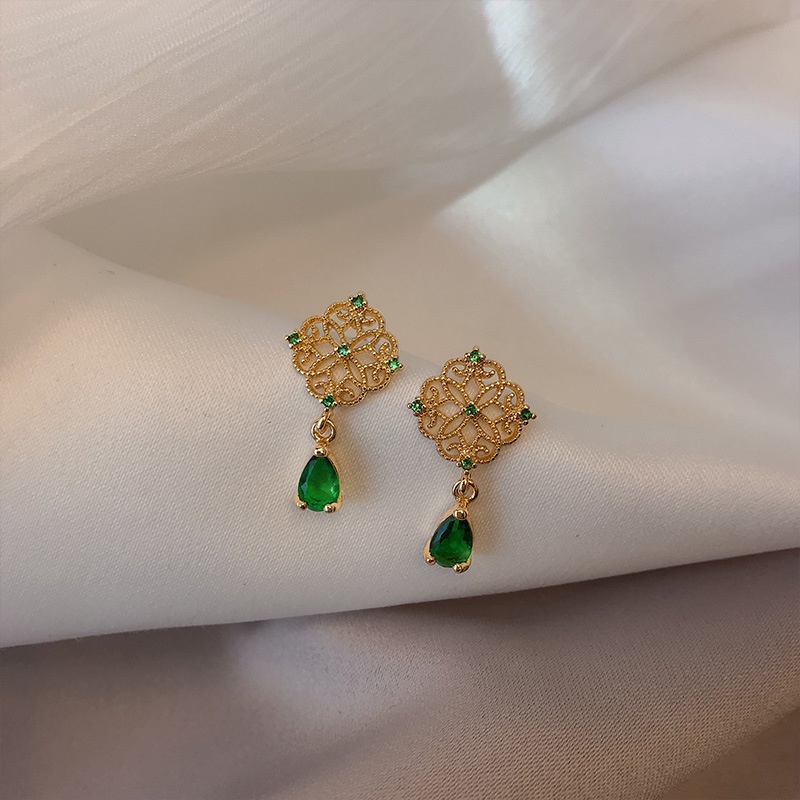 Bông tai hình hoa đính đá zircon phong cách Hàn Quốc retro
