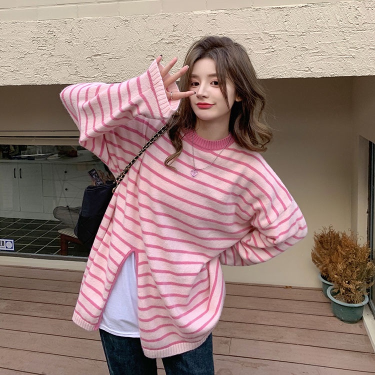 Áo sweater Dệt Kim Cổ Tròn Dáng Rộng Xẻ Tà Họa Tiết Kẻ Sọc Thời Trang Hàn Quốc 2022