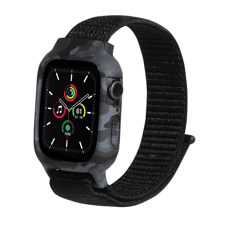 【Dây đeo + Vỏ】 Dây đeo Apple Watch Ngụy trang 38/40mm 42/44mm Vòng nylon dệt mềm mại thoáng khí với Vỏ silicon cho iWatch Series SE 6/5/4/3/2/1