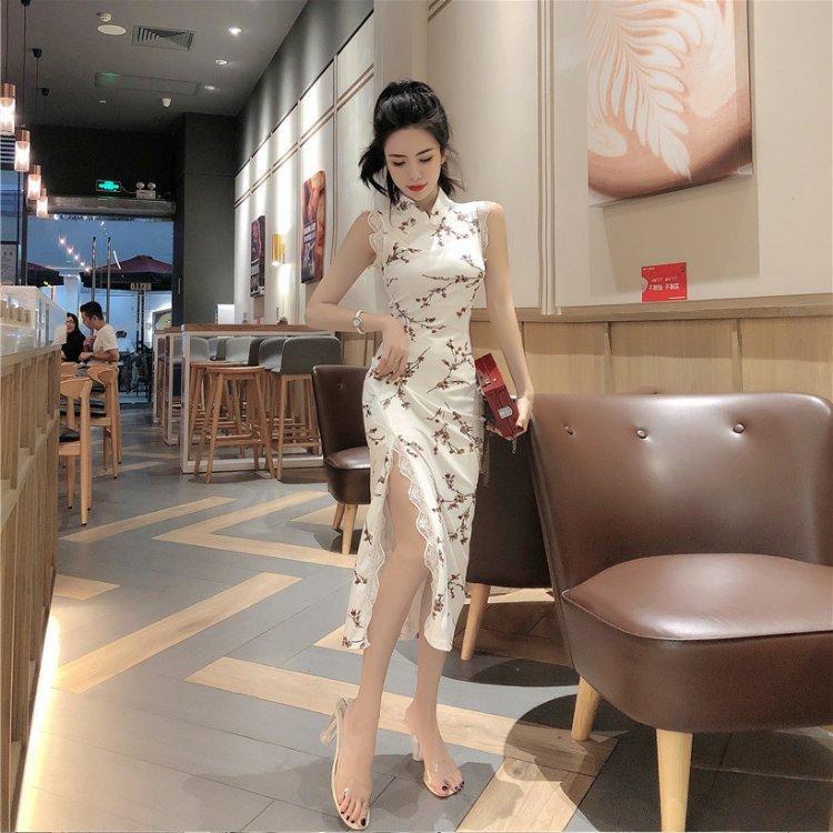 Đầm sườn xám cách tân dáng dài xẻ tà thời trang thu hè thu mới cho nữ