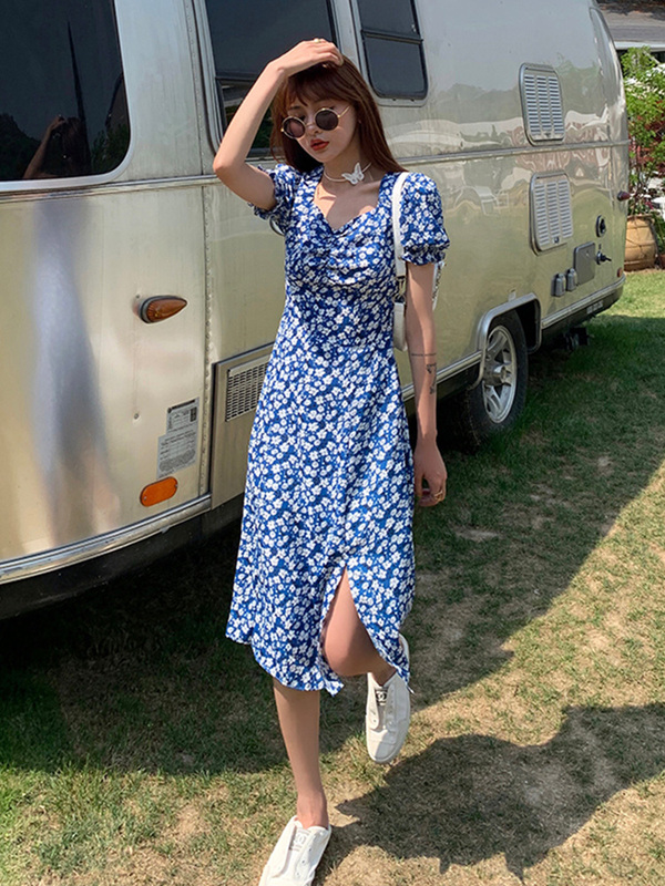 Váy midi dài 2021, đầm dài qua gố xòe hoa nhí cổ v đẹp màu đen thời trang hàn quốc | BigBuy360 - bigbuy360.vn