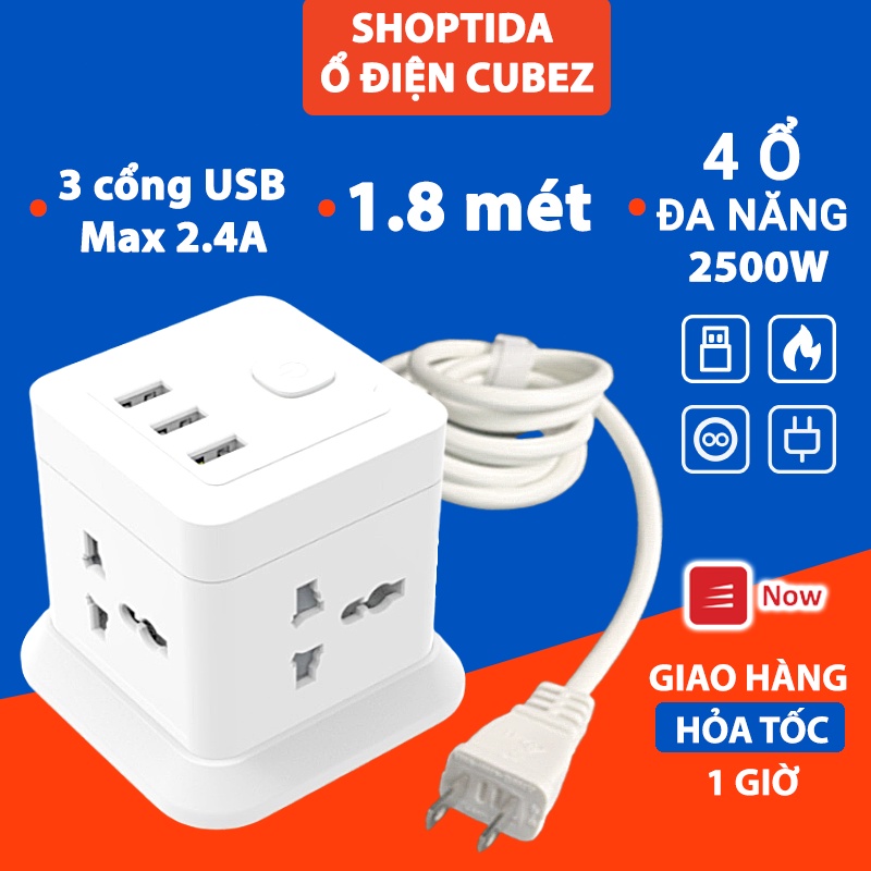 Ổ Cắm Điện Đa Năng CubeZ Shoptida sạc tối đa tổng 12W và 4 Ổ Điện chịu tải 2500W Dây nối dài 1.8m