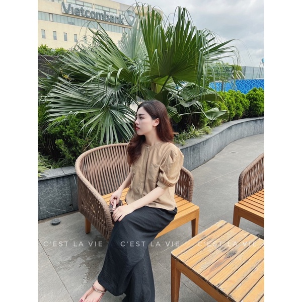 Áo tơ hàn cổ tròn túi ngực - quần xuông đũi hàn C'est la vie