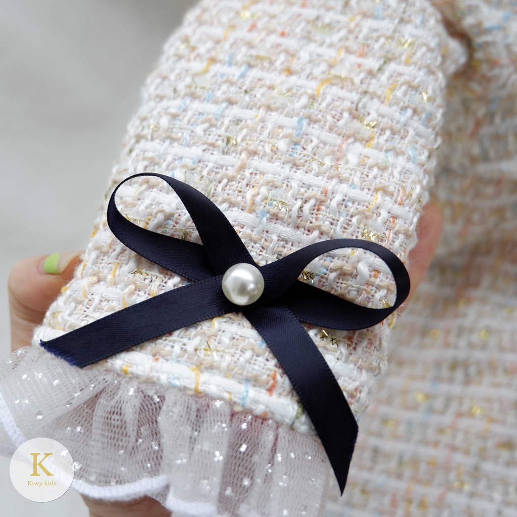 Váy dạ lót lông bé gái Kiwy Kids chất liệu dạ tweed ấm áp đính nơ dễ thương Kids70 cho bé gái từ 1 đến 7 tuổi