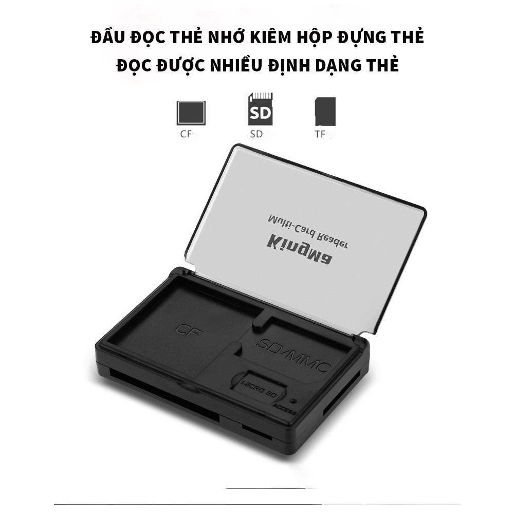 Đầu đọc thẻ nhớ SD,Micro SD,TF,CF cổng USB 3.0 có tích hợp hộp đựng thẻ hàng chính hãng Kingma