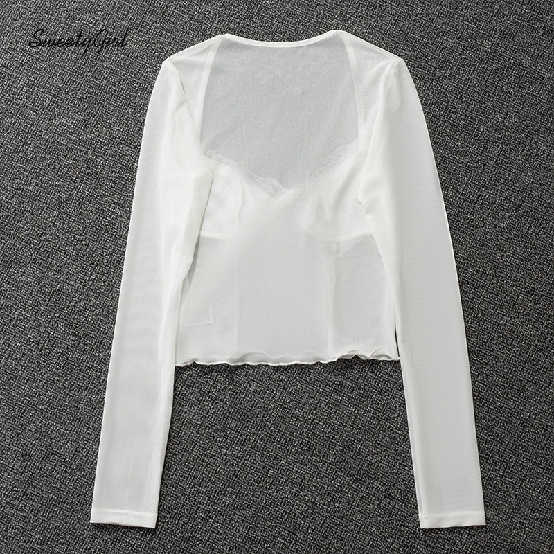 Áo croptop tay dài cổ chữ V màu trơn phối ren lưới xuyên thấu thời trang dành cho nữ