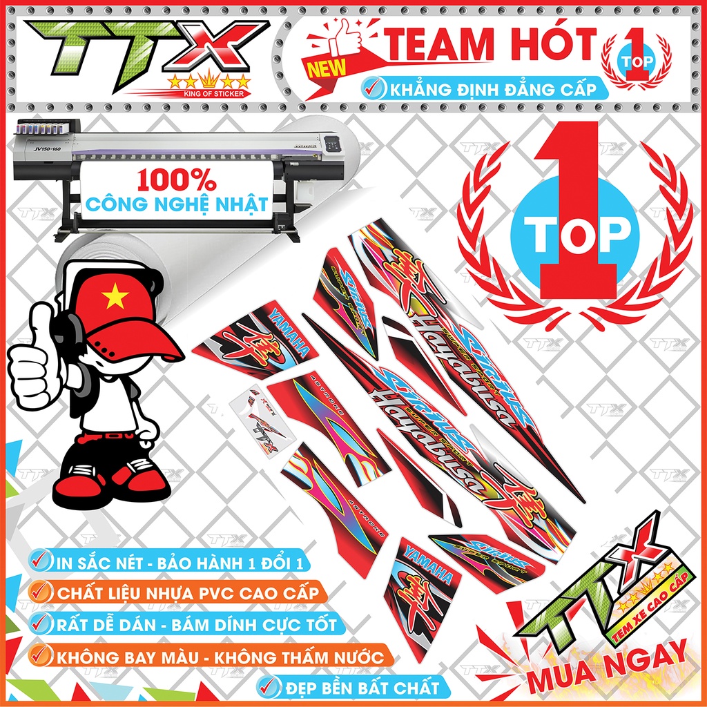 Tem rời sirius hayabusa , Team chế sirius dán xe màu trắng viền đỏ tuyệt đẹp , Shop TTX Tem xe sirius mã