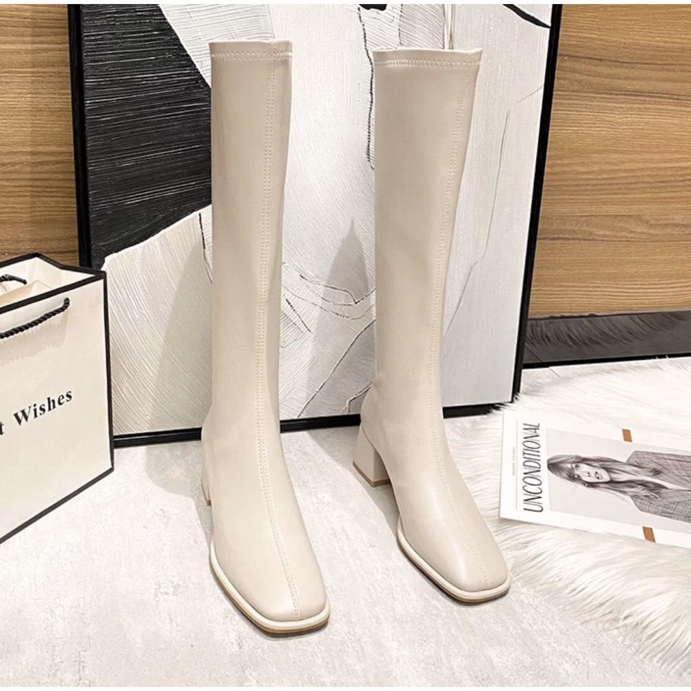 Giày Boot da trơn cổ cao tới đầu gối gót vuông cao 5cm DTT