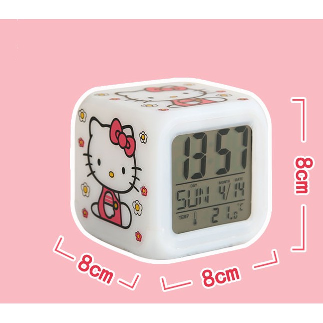 Đồng hồ báo thức XIAODUOJIAJU điện tử có đèn led dạng vuông hình mèo Hello Kitty