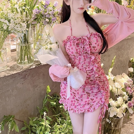Set Áo Khoác Cardigan Dài Tay Và Đầm Hai Dây Họa Tiết Hoa Phong Cách Hàn Quốc Cho Nữ