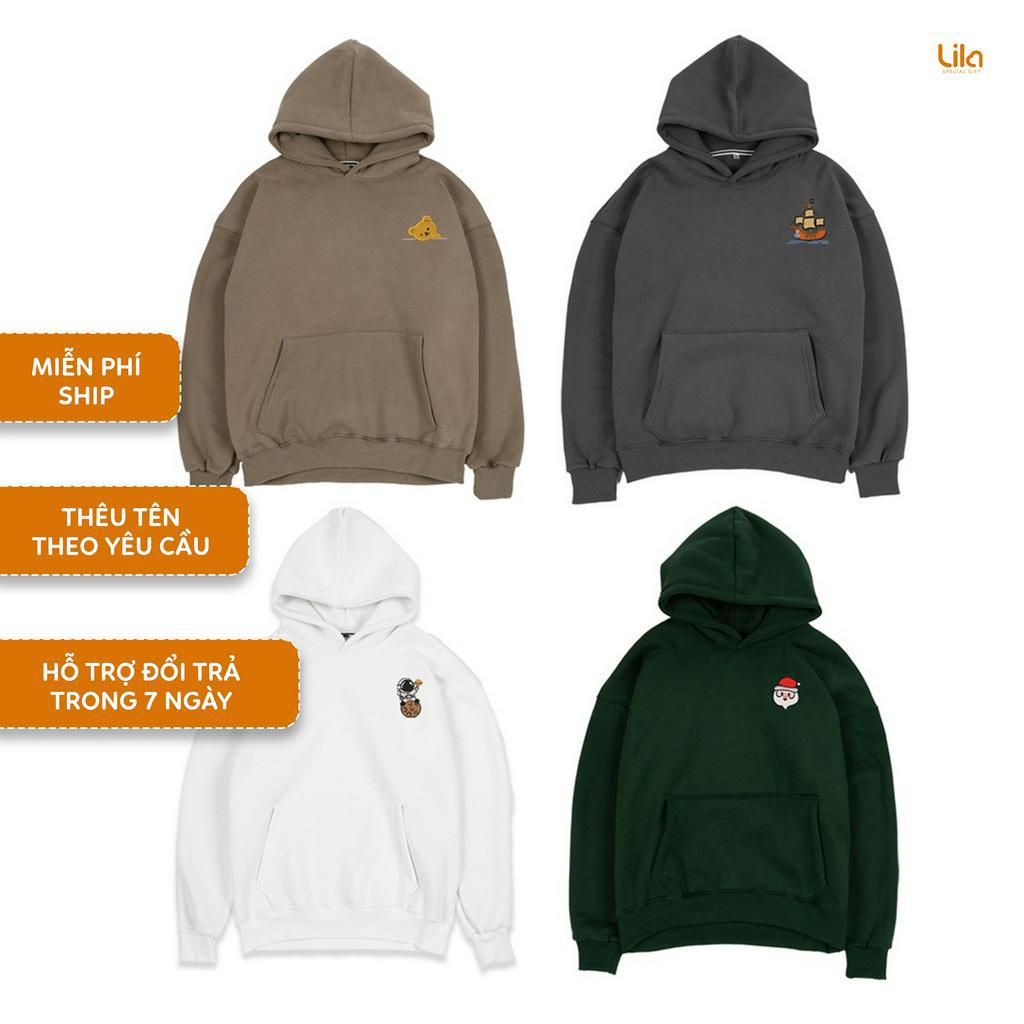 Áo HOODIE THÊU HÌNH nỉ bông cao cấp áo đôi thời trang nam nữ trẻ trung oversize form rộng - LILA