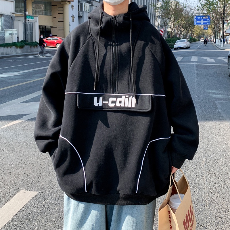 Áo hoodie nỉ dáng rộng phối khóa kéo