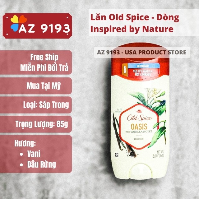 [Mua Tại Mỹ]  Lăn Khử Mùi Nam Old Spice  - Inspired by Nature  Sáp Trong, 85g - AZ9193