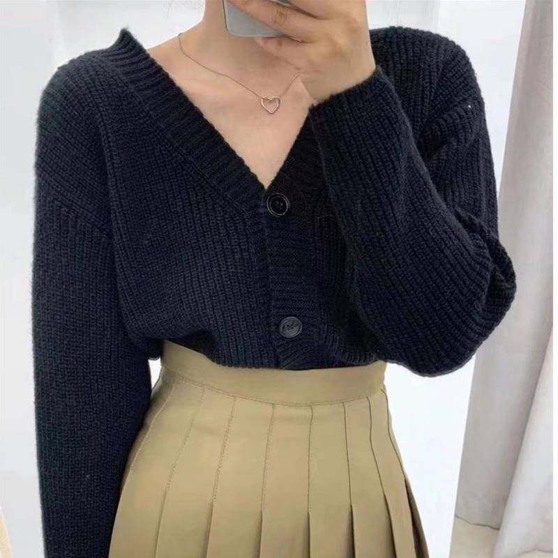 Áo Khoác Cardigan Dệt Kim Cổ Chữ V Màu Trơn Thời Trang Mùa Thu Hàng Mới Dành Cho Bạn Nữ